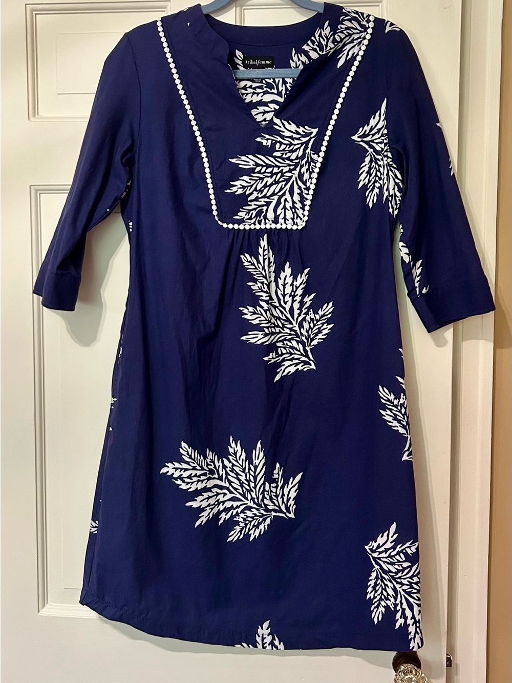 Tribal Tunic Shift Pullover 100% cotton Dress White Leaf Fern Print size small